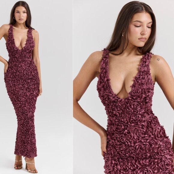 House of CB ‘Carena’ Merlot Plunge Floral Appliqué Maxi Dress NWOT - Picture 1 of 7